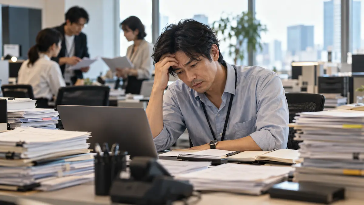書類に囲まれる疲れたマネージャー
